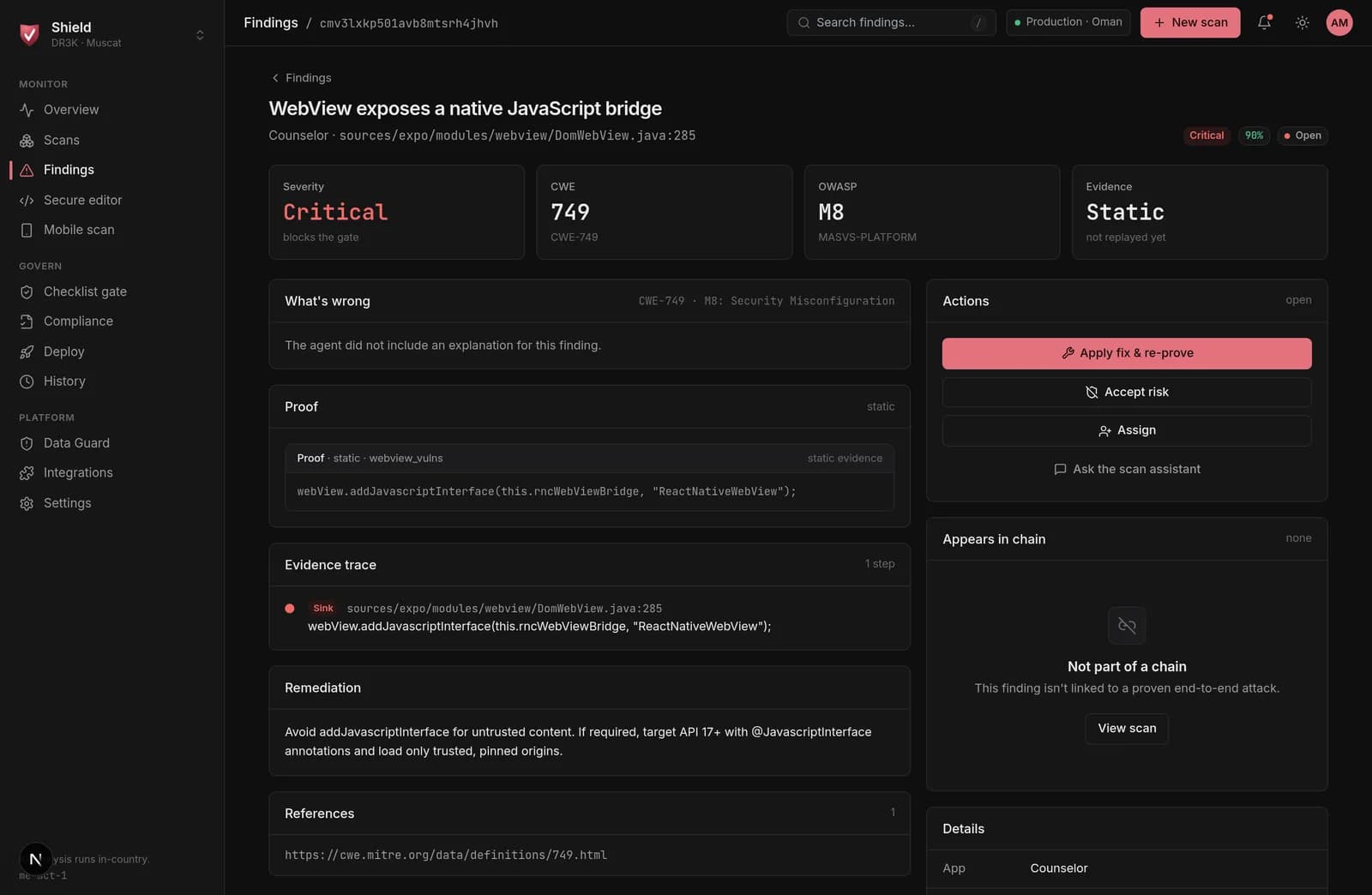 The Shield console: a proven finding with its exploit and evidence trace.